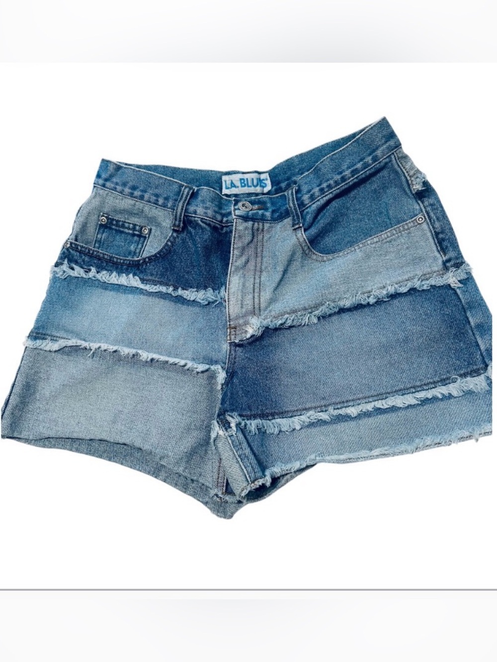 Y2K L.A. Blues  Size 8 Patchwork Distressed Frayed Denim Shorts - Blue Vintage